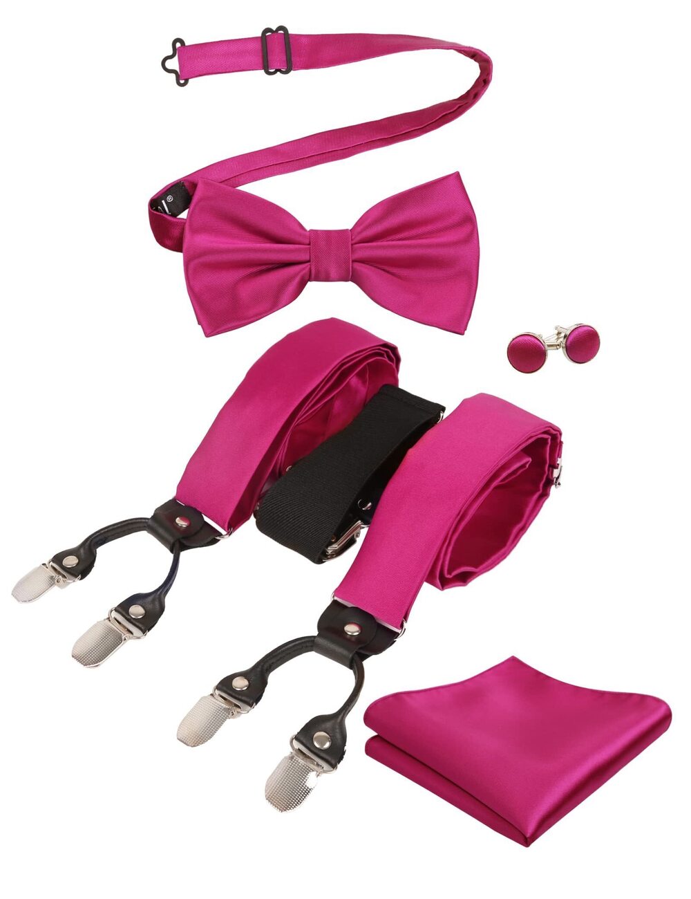 6466 Solid Color 6 Clips Suspender and Bowtie, Hanky, Cufflinks-Magenta